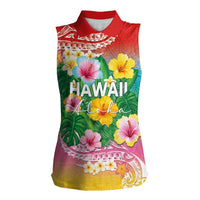 Hawaii Aloha Tropical Leaves and Flower Women Sleeveless Polo Shirt with Polynesian Art Tattoo Rainbow Color LT03 Female Rainbow - Polynesian Pride