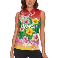 Hawaii Aloha Tropical Leaves and Flower Women Sleeveless Polo Shirt with Polynesian Art Tattoo Rainbow Color LT03 - Polynesian Pride