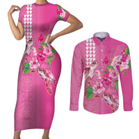 Hawaii Aloha Turtle Hibiscus and Leaves Couples Matching Short Sleeve Bodycon Dress and Long Sleeve Button Shirt with Polynesian and Kakau Tattoos Rose Color LT03 Pink - Polynesian Pride