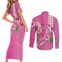 Hawaii Aloha Turtle Hibiscus and Leaves Couples Matching Short Sleeve Bodycon Dress and Long Sleeve Button Shirt with Polynesian and Kakau Tattoos Rose Color LT03 - Polynesian Pride