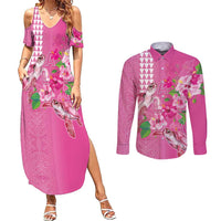 Hawaii Aloha Turtle Hibiscus and Leaves Couples Matching Summer Maxi Dress and Long Sleeve Button Shirt with Polynesian and Kakau Tattoos Rose Color LT03 Pink - Polynesian Pride