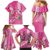 Hawaii Aloha Turtle Hibiscus and Leaves Family Matching Mermaid Dress and Hawaiian Shirt with Polynesian and Kakau Tattoos Rose Color - Polynesian Pride
