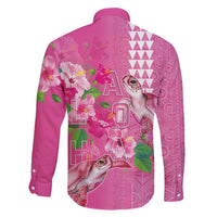 Hawaii Aloha Turtle Hibiscus and Leaves Family Matching Off The Shoulder Long Sleeve Dress and Hawaiian Shirt with Polynesian and Kakau Tattoos Rose Color LT03 - Polynesian Pride