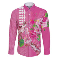 Hawaii Aloha Turtle Hibiscus and Leaves Family Matching Off Shoulder Maxi Dress and Hawaiian Shirt with Polynesian and Kakau Tattoos Rose Color LT03 Dad's Shirt - Long Sleeve Pink - Polynesian Pride