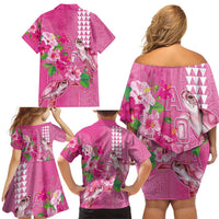Hawaii Aloha Turtle Hibiscus and Leaves Family Matching Off Shoulder Short Dress and Hawaiian Shirt with Polynesian and Kakau Tattoos Rose Color LT03 - Polynesian Pride