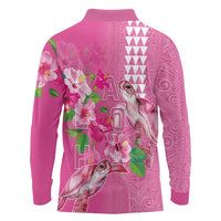 Hawaii Aloha Turtle Hibiscus and Leaves Long Sleeve Polo Shirt with Polynesian and Kakau Tattoos Rose Color LT03 - Polynesian Pride