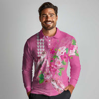 Hawaii Aloha Turtle Hibiscus and Leaves Long Sleeve Polo Shirt with Polynesian and Kakau Tattoos Rose Color LT03 - Polynesian Pride