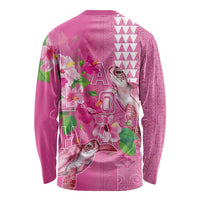 Hawaii Aloha Turtle Hibiscus and Leaves Long Sleeve Shirt with Polynesian and Kakau Tattoos Rose Color LT03 - Polynesian Pride