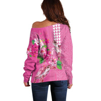 Hawaii Aloha Turtle Hibiscus and Leaves Off Shoulder Sweater with Polynesian and Kakau Tattoos Rose Color LT03 - Polynesian Pride