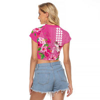 Hawaii Aloha Turtle Hibiscus and Leaves Raglan Cropped T Shirt with Polynesian and Kakau Tattoos Rose Color LT03 - Polynesian Pride