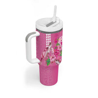 Hawaii Aloha Turtle Hibiscus and Leaves Tumbler With Handle with Polynesian and Kakau Tattoos Rose Color LT03 - Polynesian Pride