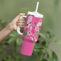 Hawaii Aloha Turtle Hibiscus and Leaves Tumbler With Handle with Polynesian and Kakau Tattoos Rose Color LT03 - Polynesian Pride