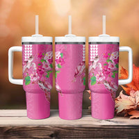 Hawaii Aloha Turtle Hibiscus and Leaves Tumbler With Handle with Polynesian and Kakau Tattoos Rose Color LT03 - Polynesian Pride