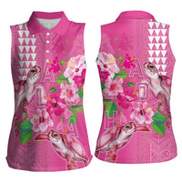 Hawaii Aloha Turtle Hibiscus and Leaves Women Sleeveless Polo Shirt with Polynesian and Kakau Tattoos Rose Color LT03 - Polynesian Pride