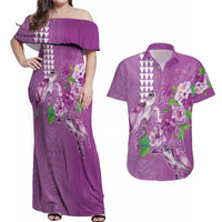 Hawaii Aloha Turtle Hibiscus and Leaves Couples Matching Off Shoulder Maxi Dress and Hawaiian Shirt with Polynesian and Kakau Tattoos Lilac Color - Polynesian Pride
