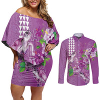 Hawaii Aloha Turtle Hibiscus and Leaves Couples Matching Off Shoulder Short Dress and Long Sleeve Button Shirt with Polynesian and Kakau Tattoos Lilac Color - Polynesian Pride
