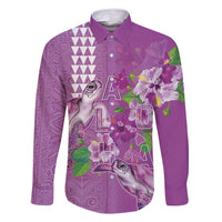 Hawaii Aloha Turtle Hibiscus and Leaves Family Matching Long Sleeve Bodycon Dress and Hawaiian Shirt with Polynesian and Kakau Tattoos Lilac Color LT03 Dad's Shirt - Long Sleeve Purple - Polynesian Pride