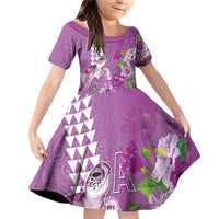 Hawaii Aloha Turtle Hibiscus and Leaves Family Matching Off Shoulder Short Dress and Hawaiian Shirt with Polynesian and Kakau Tattoos Lilac Color LT03 Daughter's Dress Purple - Polynesian Pride