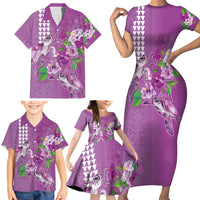 Hawaii Aloha Turtle Hibiscus and Leaves Family Matching Short Sleeve Bodycon Dress and Hawaiian Shirt with Polynesian and Kakau Tattoos Lilac Color - Polynesian Pride