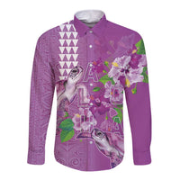 Hawaii Aloha Turtle Hibiscus and Leaves Long Sleeve Button Shirt with Polynesian and Kakau Tattoos Lilac Color LT03 Unisex Purple - Polynesian Pride