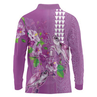 Hawaii Aloha Turtle Hibiscus and Leaves Long Sleeve Polo Shirt with Polynesian and Kakau Tattoos Lilac Color LT03 - Polynesian Pride