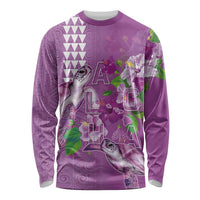 Hawaii Aloha Turtle Hibiscus and Leaves Long Sleeve Shirt with Polynesian and Kakau Tattoos Lilac Color LT03 Unisex Purple - Polynesian Pride