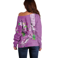 Hawaii Aloha Turtle Hibiscus and Leaves Off Shoulder Sweater with Polynesian and Kakau Tattoos Lilac Color LT03 - Polynesian Pride