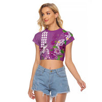 Hawaii Aloha Turtle Hibiscus and Leaves Raglan Cropped T Shirt with Polynesian and Kakau Tattoos Lilac Color LT03 Female Purple - Polynesian Pride