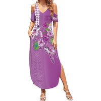 Hawaii Aloha Turtle Hibiscus and Leaves Summer Maxi Dress with Polynesian and Kakau Tattoos Lilac Color LT03 Women Purple - Polynesian Pride