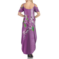 Hawaii Aloha Turtle Hibiscus and Leaves Summer Maxi Dress with Polynesian and Kakau Tattoos Lilac Color LT03 - Polynesian Pride