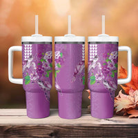 Hawaii Aloha Turtle Hibiscus and Leaves Tumbler With Handle with Polynesian and Kakau Tattoos Lilac Color LT03 - Polynesian Pride