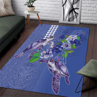 Hawaii Aloha Turtle Hibiscus and Leaves Area Rug with Polynesian and Kakau Tattoos Denim Color LT03 Blue - Polynesian Pride