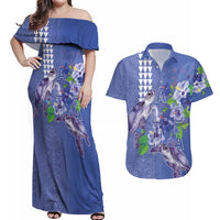 Hawaii Aloha Turtle Hibiscus and Leaves Couples Matching Off Shoulder Maxi Dress and Hawaiian Shirt with Polynesian and Kakau Tattoos Denim Color - Polynesian Pride