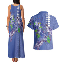 Hawaii Aloha Turtle Hibiscus and Leaves Couples Matching Tank Maxi Dress and Hawaiian Shirt with Polynesian and Kakau Tattoos Denim Color - Polynesian Pride