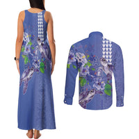 Hawaii Aloha Turtle Hibiscus and Leaves Couples Matching Tank Maxi Dress and Long Sleeve Button Shirt with Polynesian and Kakau Tattoos Denim Color - Polynesian Pride