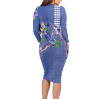 Hawaii Aloha Turtle Hibiscus and Leaves Family Matching Long Sleeve Bodycon Dress and Hawaiian Shirt with Polynesian and Kakau Tattoos Denim Color LT03 - Polynesian Pride