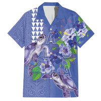 Hawaii Aloha Turtle Hibiscus and Leaves Family Matching Off Shoulder Maxi Dress and Hawaiian Shirt with Polynesian and Kakau Tattoos Denim Color LT03 Dad's Shirt - Short Sleeve Blue - Polynesian Pride
