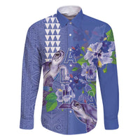 Hawaii Aloha Turtle Hibiscus and Leaves Family Matching Summer Maxi Dress and Hawaiian Shirt with Polynesian and Kakau Tattoos Denim Color LT03 Dad's Shirt - Long Sleeve Blue - Polynesian Pride