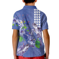 Hawaii Aloha Turtle Hibiscus and Leaves Kid Polo Shirt with Polynesian and Kakau Tattoos Denim Color LT03 - Polynesian Pride
