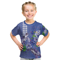 Hawaii Aloha Turtle Hibiscus and Leaves Kid T Shirt with Polynesian and Kakau Tattoos Denim Color LT03 Blue - Polynesian Pride