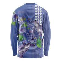 Hawaii Aloha Turtle Hibiscus and Leaves Long Sleeve Shirt with Polynesian and Kakau Tattoos Denim Color LT03 - Polynesian Pride