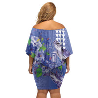 Hawaii Aloha Turtle Hibiscus and Leaves Off Shoulder Short Dress with Polynesian and Kakau Tattoos Denim Color LT03 - Polynesian Pride