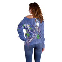 Hawaii Aloha Turtle Hibiscus and Leaves Off Shoulder Sweater with Polynesian and Kakau Tattoos Denim Color LT03 - Polynesian Pride