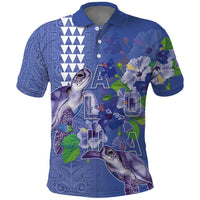 Hawaii Aloha Turtle Hibiscus and Leaves Polo Shirt with Polynesian and Kakau Tattoos Denim Color LT03 Blue - Polynesian Pride
