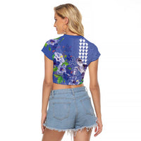 Hawaii Aloha Turtle Hibiscus and Leaves Raglan Cropped T Shirt with Polynesian and Kakau Tattoos Denim Color LT03 - Polynesian Pride