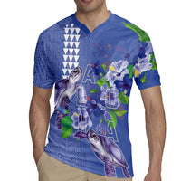 Hawaii Aloha Turtle Hibiscus and Leaves Rugby Jersey with Polynesian and Kakau Tattoos Denim Color LT03 - Polynesian Pride