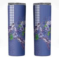 Hawaii Aloha Turtle Hibiscus and Leaves Skinny Tumbler with Polynesian and Kakau Tattoos Denim Color LT03 Blue - Polynesian Pride
