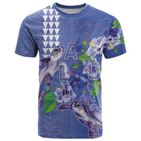Hawaii Aloha Turtle Hibiscus and Leaves T Shirt with Polynesian and Kakau Tattoos Denim Color LT03 Blue - Polynesian Pride