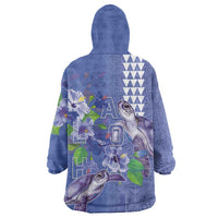 Hawaii Aloha Turtle Hibiscus and Leaves Wearable Blanket Hoodie with Polynesian and Kakau Tattoos Denim Color LT03 - Polynesian Pride