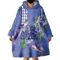 Hawaii Aloha Turtle Hibiscus and Leaves Wearable Blanket Hoodie with Polynesian and Kakau Tattoos Denim Color LT03 - Polynesian Pride